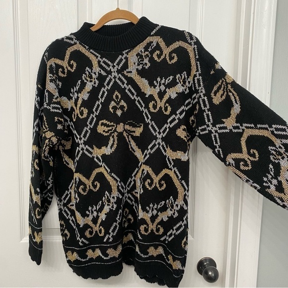 Vintage Dana Scott Metallic Bow Heart Sweater Medium Black Gold Silver - Picture 4 of 9
